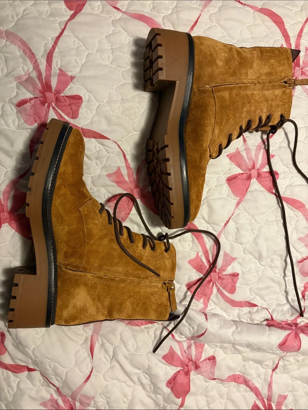 Tory Burch Camel Suede Lace-Up Lug Boots